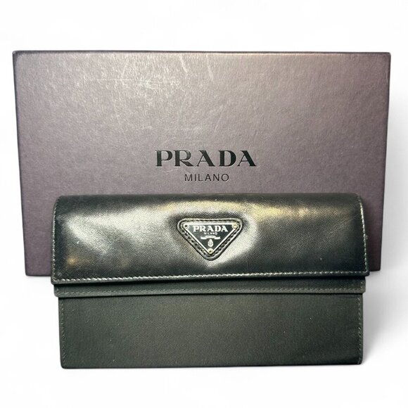 PRADA Saffiano Leather and Nylon Tri-Fold Wallet - Black - Picture 1 of 15